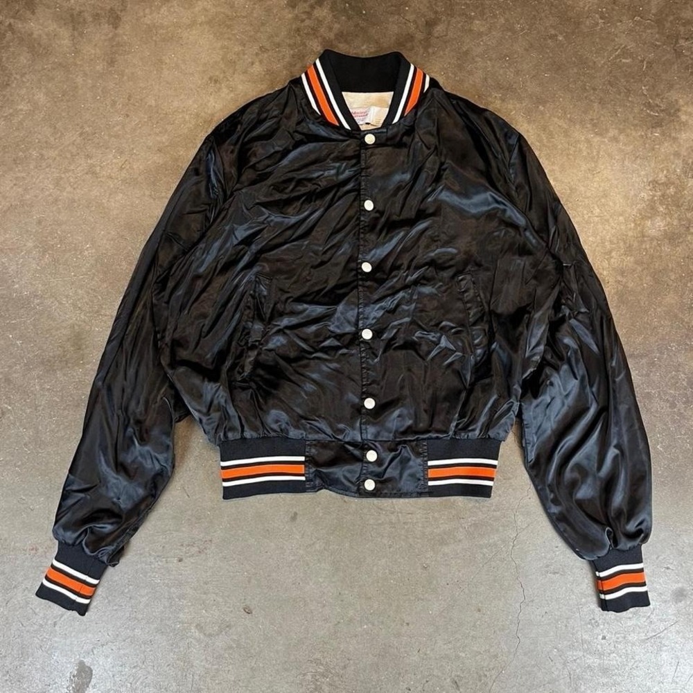 Vintage 80s Admiral black varsity jacket orange and white stripes Women's Large